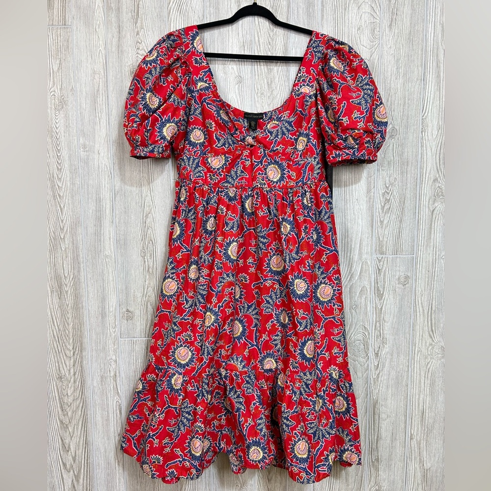 House of Harlow 1960 Red Ruffled Boho Print Tiered Puff Sleeve Midi Dress SZ XL